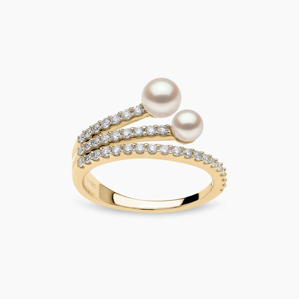 Double Pearl and Diamond Twist Ring in Yellow Gold