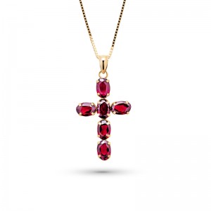 Yellow Gold Garnet Cross Necklace - 21524-9