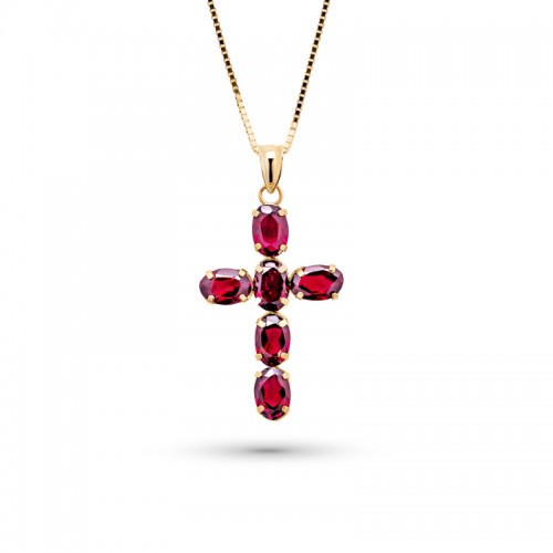 Yellow Gold Garnet Cross Necklace - 21524-9